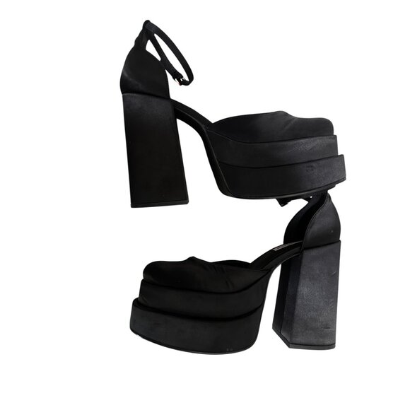 Steve Madden Charliz Platform Pump Heels Women 9 Black Satin Chunky Comfort Prom - Picture 12 of 16